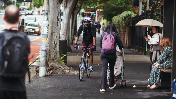 The contest on Sydney’s Broadway. The council is considering a proposal to make cyclists riding on pedestrian walkways legal.