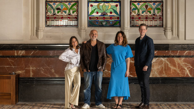 Nomad co-owners Rebecca and Al Yazbek, executive chef Jacqueline Challinor and head chef Brendan Katich (Nomad Melbourne) in the Cathedral Room where they will open Reine.