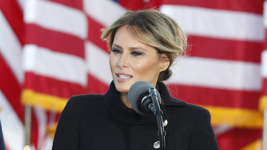 Melania Trump speaks to a small group of supporters at Andrews Air Force Base in 2021.