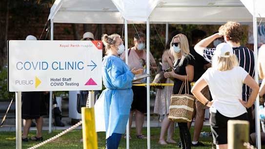 A COVID testing clinic at Perth Royal Hospital on Sunday.
