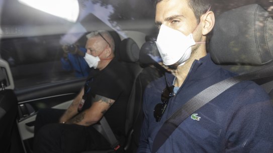 Novak Djokovic arriving at his lawyer’s office in the Melbourne CBD this morning. 