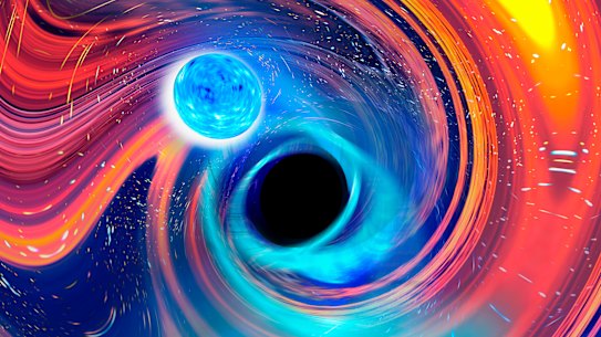 This illustration depicts a black hole, centre, swallowing a neutron star, upper left. 