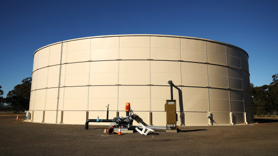 A water storage tank stands at the Santos Ltd. Leewood water treatment facility in Narrabri.
