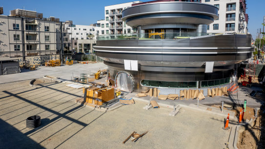 Tesla’s ’50s diner-themed charging station under construction in West Hollywood, Los Angeles, US.