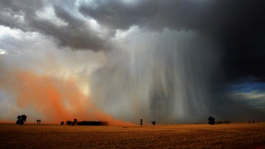 During the heatwave before the 2009 'Black Saturday' bushfires , high based storms caused problems for firefighters with lightning and strong "microbursts" - downdrafts from storms which caused a small dust storm in the parched region near Temora , NSW.