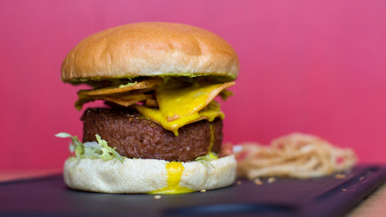 A burger made with a Beyond Meat  plant-based burger patty.