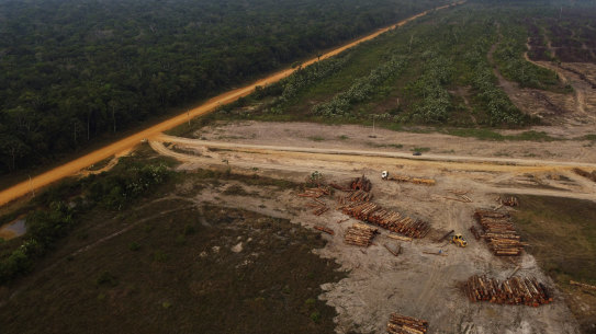 An area of forest on fire near a logging area in the Transamazonica highway region, in Amazonas state, Brazil, in September.