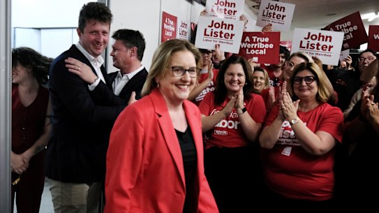 Jacinta Allan arrives at Labor’s election night bash.