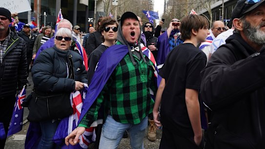March for Australia rally protesters is the Melbourne CBD on Sunday.