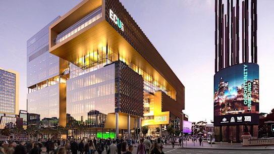 An artist’s sketch of the imagined foot traffic the ECU city campus will bring to Yagan Square at the Horseshoe Bridge. 