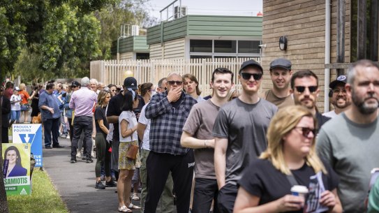Long lines of voters are seen at Port Melbourne Primary School on the Victorian election day.