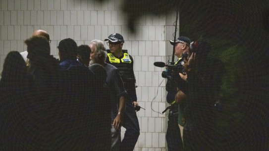 Police guard the Monash council offices ahead of Wednesday night’s meeting.