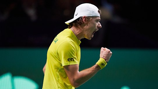 Alex de Minaur celebrates during the Davis Cup quarter-final against the Netherlands.