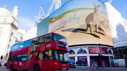 Tourism Australia’s new campaign urging Britons to holiday in Australia lights up Picadilly on February 14, 2022.