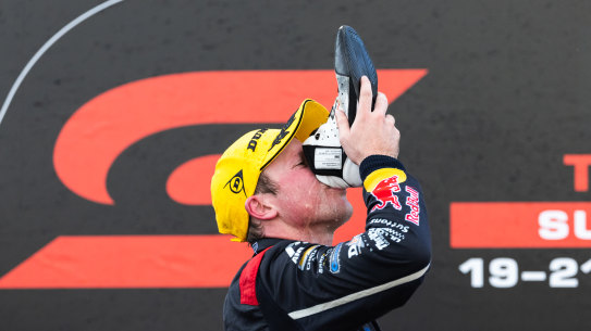 Brown does a shoey after the Taupo Super400 in New Zealand in April.