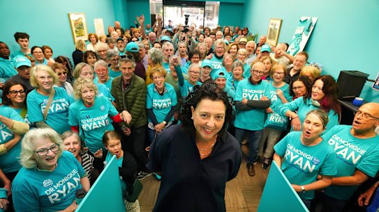 Monique Ryan and supporters at her campaign headquarters on Sunday.