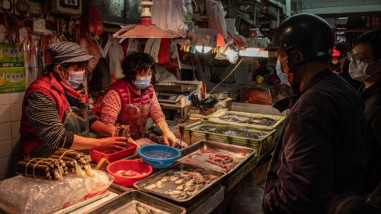 A wet market in Macau, China. Live animals, including wildlife, are often sold in such markets.