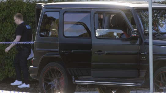 The black Mercedes outside Fawkner police station with three bullet holes in the driver’s side window. Suleiman “Sam” Abdulrahim was injured in the attack.