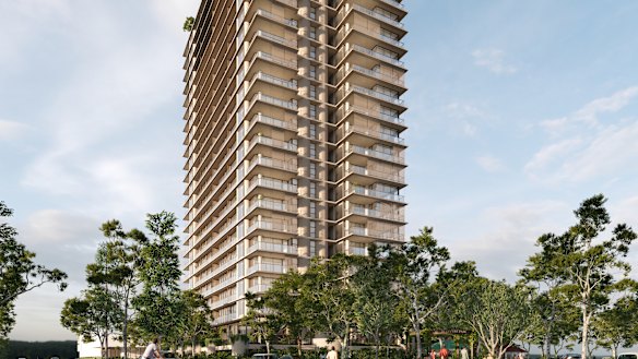Architectural renderings of a 25-storey tower proposed along King Arthur Terrace and Bedivere Street, in the Yeerongpilly Green precinct.