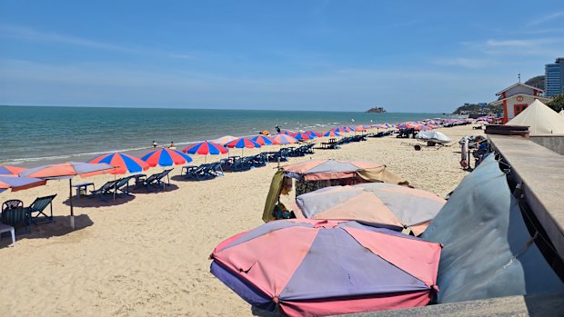 Empty hotel sun-loungers on a beach Vũng Tàu, Vietnam.