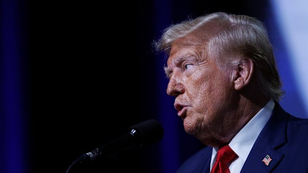 Republican presidential nominee Donald Trump speaks at the Huntington Place Convention Center in Detroit, Michigan.