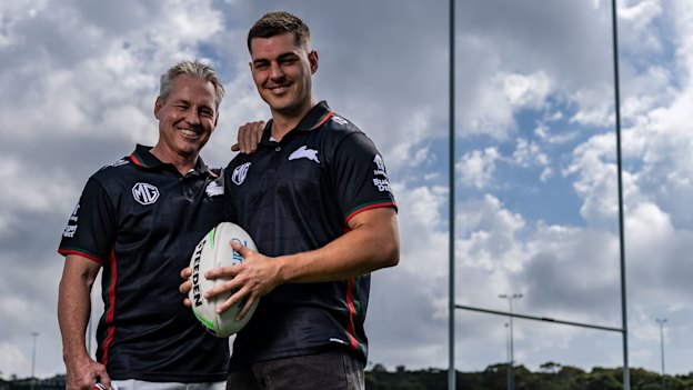 Former South Sydney captain Sean Garlick with his son Bronson, who will make his debut for the club on Sunday.