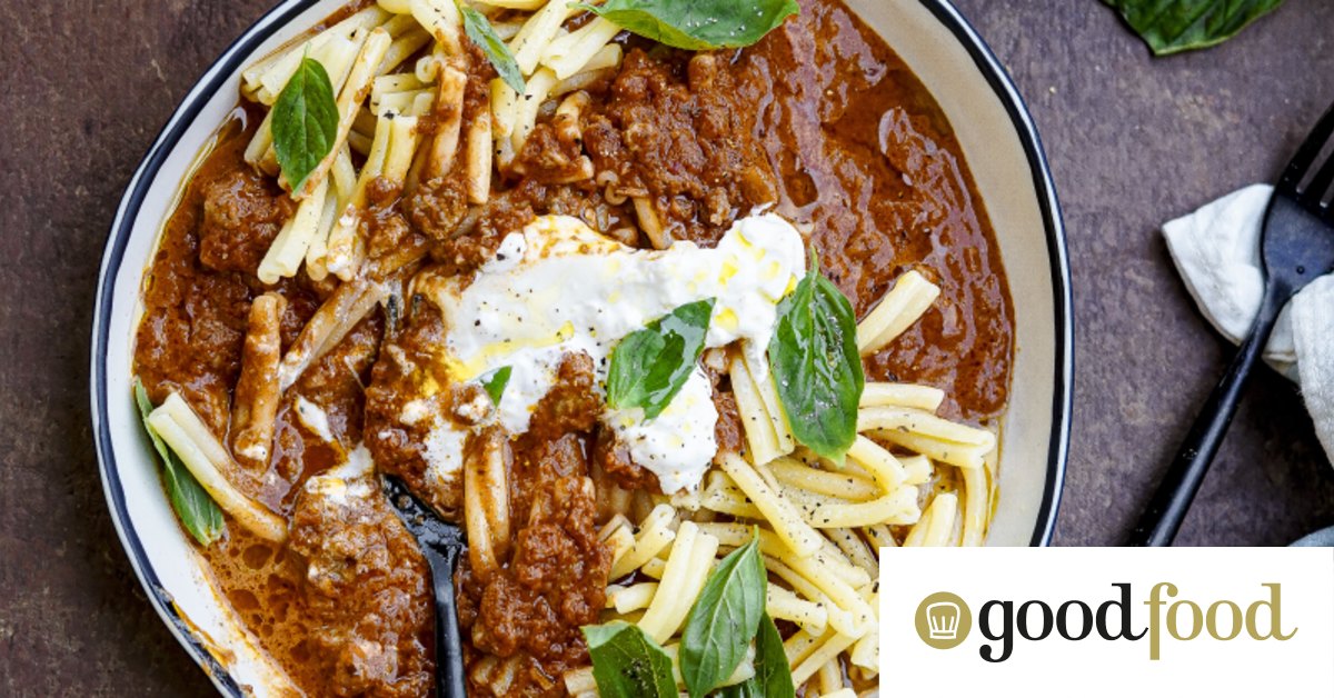 Cheat’s pork sausage ragu with burrata and casarecce