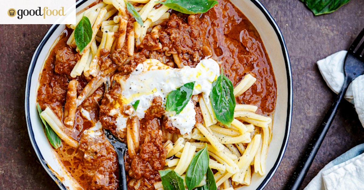 Cheat’s pork sausage ragu recipe with burrata cheese and casarecce pasta