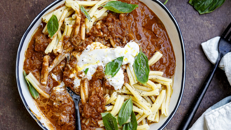 Cheat’s pork sausage ragu with burrata and casarecce