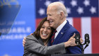 Vice President Kamala Harris embraces President Joe Biden at a campaign rally earlier this year.