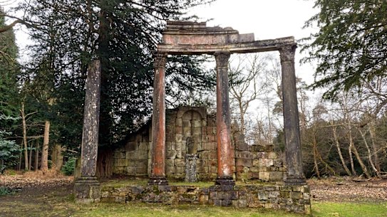 Part of the Leptis Magna Roman ruins taken from Libya and reassembled at Virginia Water in Windsor Great Park, Surrey, UK.