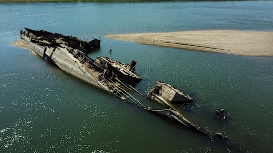 Wreckage of a World War II German warship is seen in the Danube in Prahovo, Serbia, on August 18. The receding waters of the river have revealed a number of vessels sunk during the war.