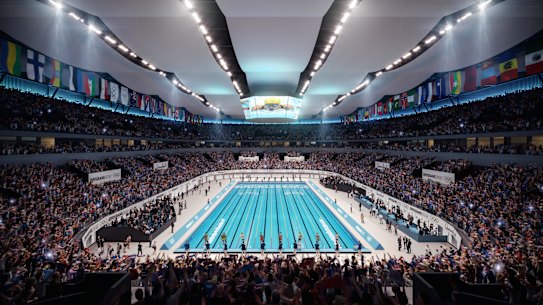 The Live Nation/Oak View Group/Plenery consortium’s design for Brisbane Arena in Olympic swimming mode.