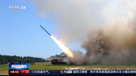 A missile is launched from an unspecified location in China in response to then US speaker Nancy Pelosi’s visit to Taiwan in August 2022.