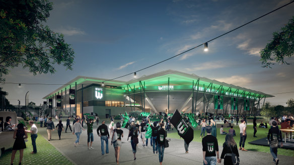 An artist’s render of Wyndham City Stadium in Tarneit, which is planned to be built in a public-private partnership between the City of Wyndham and the owners of A-Leagues team Western United. 