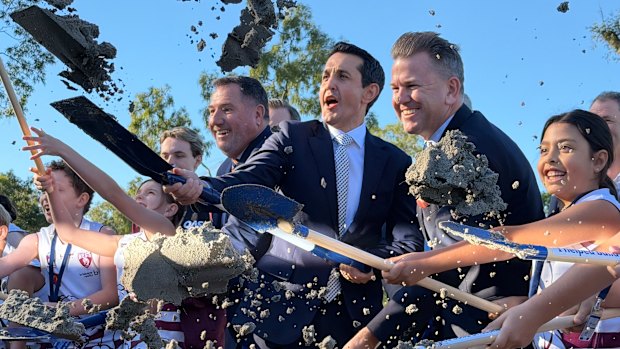 Acting Olympics Minister Andrew Powell, Premier David Crisafulli and Deputy Premier Jarrod Bleijie with the ceremonial first sod turning.