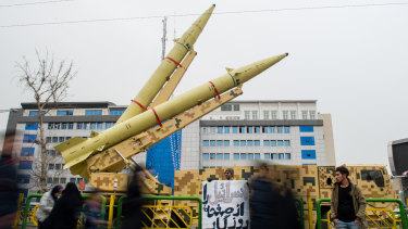 Islamic Revolutionary Guard missiles, described as replicas, were shown during celebrations.