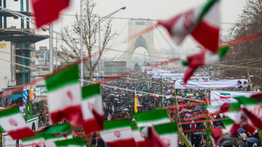 Iranians fill the street leading to the Azadi Tower during celebrations marking the 40th anniversary of the Islamic revolution in Tehran on February 11.