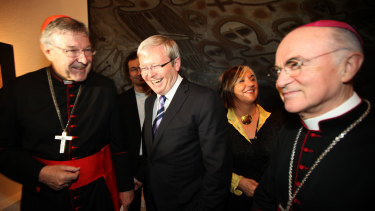 In 2010, then-Foreign Minister Kevin Rudd meets Cardinal George Pell and Cardinal Vigano at an event in Rome.