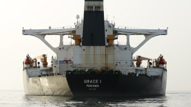 Impounded Iranian crude oil tanker Grace 1 anchored off the coast of Gibraltar on July 20.