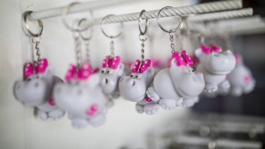 Hippo key rings are displayed for sale at a souvenir shop near the Napoles Park in Puerto Triunfo, Colombia.