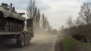 Ukrainian Army convoy near Khlibodarivka in eastern Ukraine on Monday, April 19, 2021. Russia has built up a force of 100,000 at the border.