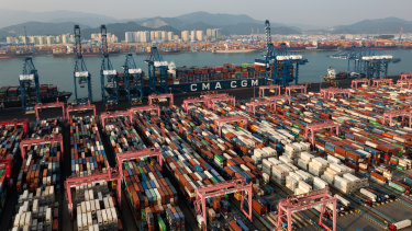 The Busan container terminal in South Korea last month. The World Bank estimates 8.5 per cent of global container shipping is delayed in docks.