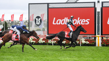 Sir Dragonet wins the Cox Plate with Cup jockey Glen Boss standing in the irons.