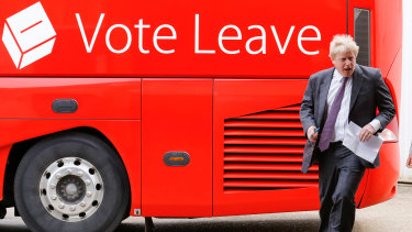 Boris Johnson arrives on the infamous 'Brexit bus' during the 2016 referendum campaign.