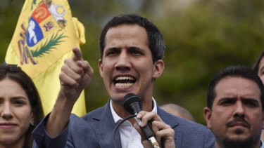 Juan Guaido, president of the National Assembly who swore himself in as the leader of Venezuela, speaks during a rally to propose amnesty laws for police and military, in the Las Mercedes neighbourhood of Caracas, Venezuela.