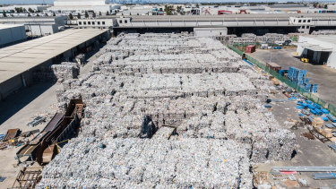SKM Service's vast stockpile of recycling material in Laverton North on Friday.
