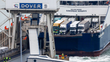 The Dunkerque Seaways passenger and ro-ro carg ship loaded with trucks docks in Dover on  January 5.  The port accounts for 17 per cent of the UK's trade in goods.