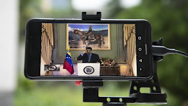 Venezuela's President, Nicolas Maduro, during a video press conference at Miraflores Palace in Caracas.