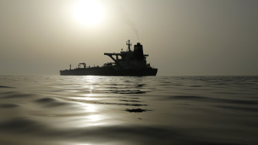 The impounded Iranian crude oil tanker, Grace 1, anchored off the coast of Gibraltar.